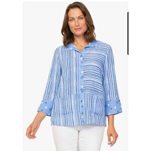 Habitat Tunic Top Express Mix Large Blue Striped Button Whimsical Flowy Pockets